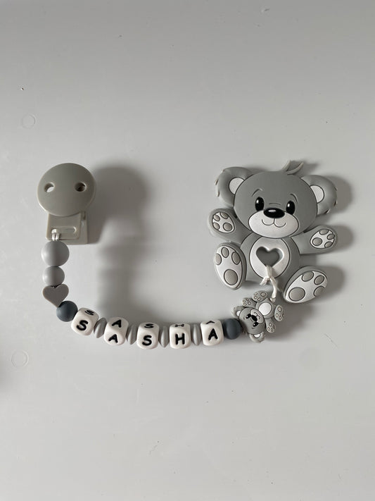 Anneau de dentition avec attache nounours gris tendre